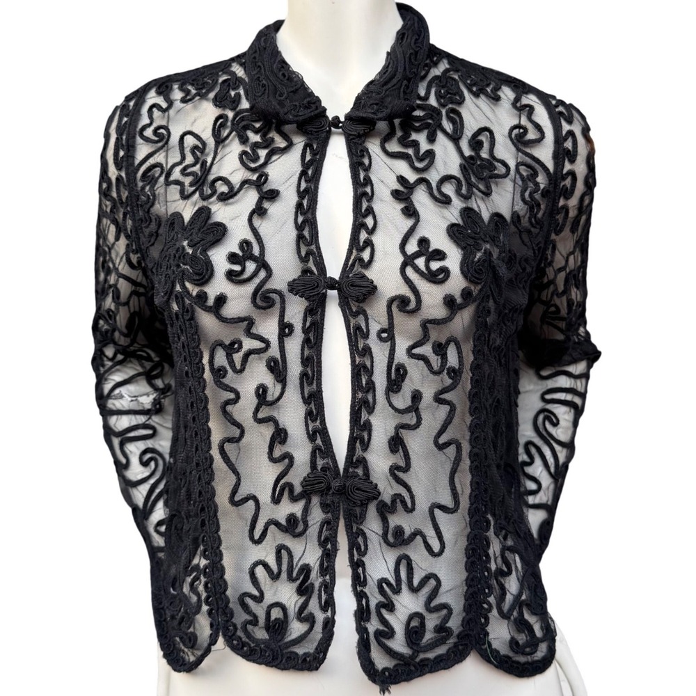 Vintage Soutache Mesh Jacket Sheer Frog Button Black Whimsigoth Coquette Goth S